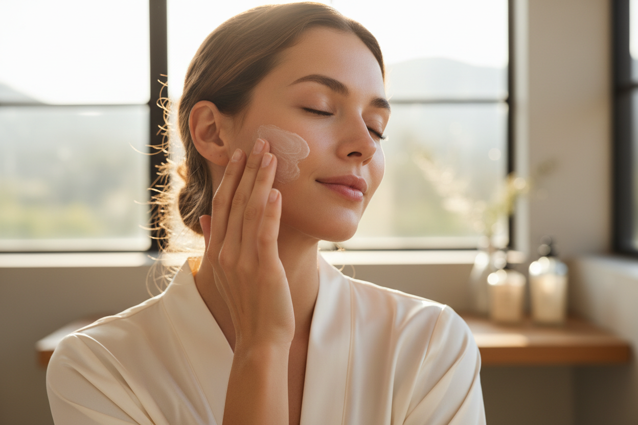 Donna che applica crema